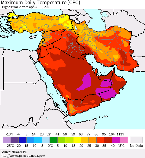 Middle East and Turkey Maximum Daily Temperature (CPC) Thematic Map For 4/5/2021 - 4/11/2021