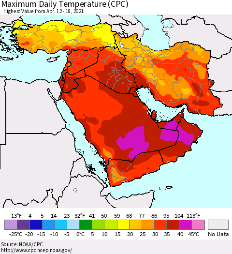 Middle East and Turkey Maximum Daily Temperature (CPC) Thematic Map For 4/12/2021 - 4/18/2021