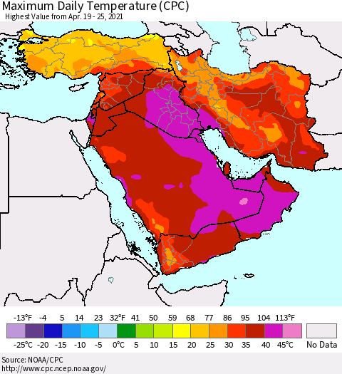 Middle East and Turkey Maximum Daily Temperature (CPC) Thematic Map For 4/19/2021 - 4/25/2021