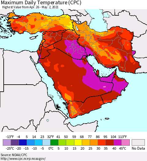 Middle East and Turkey Maximum Daily Temperature (CPC) Thematic Map For 4/26/2021 - 5/2/2021