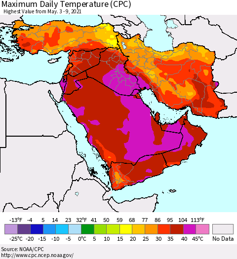 Middle East and Turkey Maximum Daily Temperature (CPC) Thematic Map For 5/3/2021 - 5/9/2021