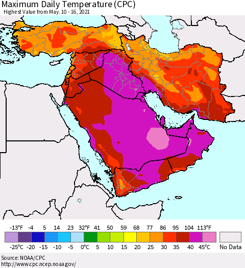 Middle East and Turkey Maximum Daily Temperature (CPC) Thematic Map For 5/10/2021 - 5/16/2021