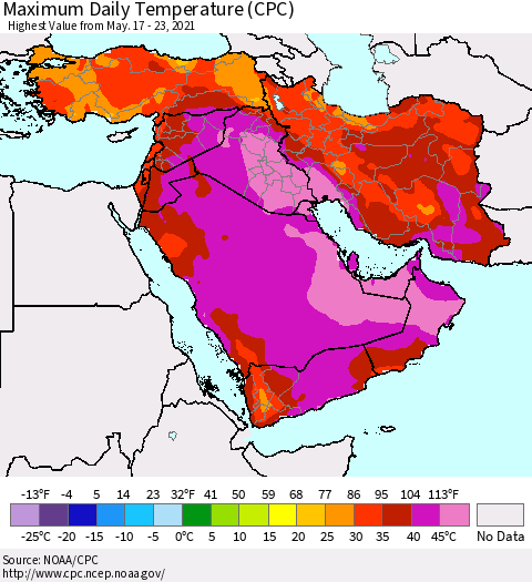 Middle East and Turkey Maximum Daily Temperature (CPC) Thematic Map For 5/17/2021 - 5/23/2021