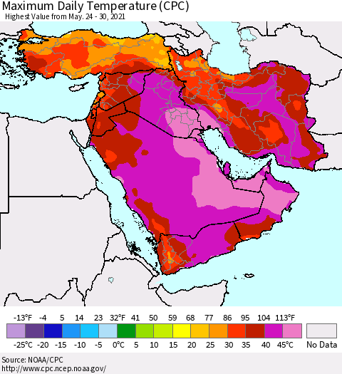 Middle East and Turkey Maximum Daily Temperature (CPC) Thematic Map For 5/24/2021 - 5/30/2021
