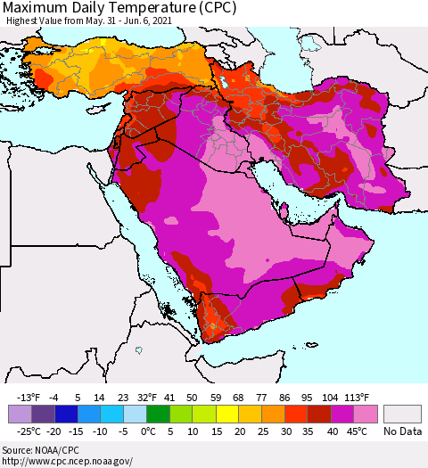 Middle East and Turkey Maximum Daily Temperature (CPC) Thematic Map For 5/31/2021 - 6/6/2021