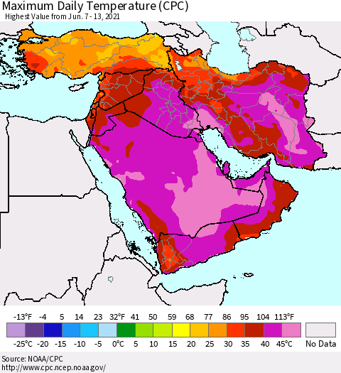 Middle East and Turkey Maximum Daily Temperature (CPC) Thematic Map For 6/7/2021 - 6/13/2021