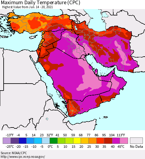 Middle East and Turkey Maximum Daily Temperature (CPC) Thematic Map For 6/14/2021 - 6/20/2021