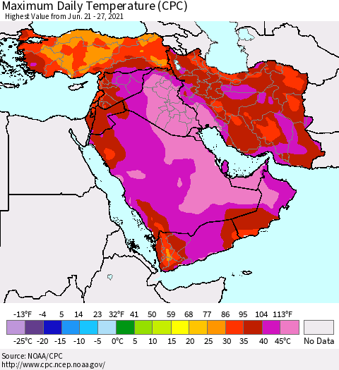 Middle East and Turkey Maximum Daily Temperature (CPC) Thematic Map For 6/21/2021 - 6/27/2021