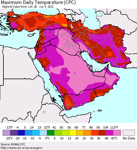 Middle East and Turkey Maximum Daily Temperature (CPC) Thematic Map For 6/28/2021 - 7/4/2021