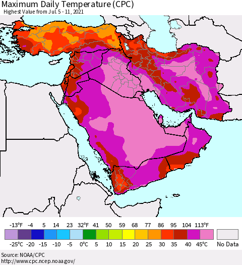 Middle East and Turkey Maximum Daily Temperature (CPC) Thematic Map For 7/5/2021 - 7/11/2021