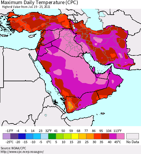 Middle East and Turkey Maximum Daily Temperature (CPC) Thematic Map For 7/19/2021 - 7/25/2021