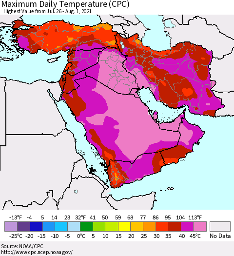 Middle East and Turkey Maximum Daily Temperature (CPC) Thematic Map For 7/26/2021 - 8/1/2021