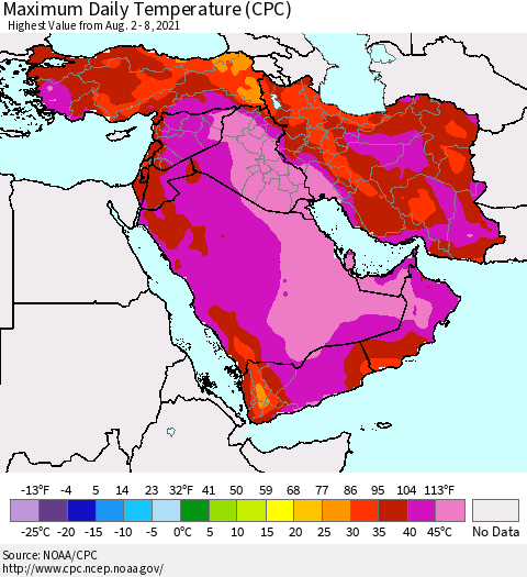 Middle East and Turkey Maximum Daily Temperature (CPC) Thematic Map For 8/2/2021 - 8/8/2021