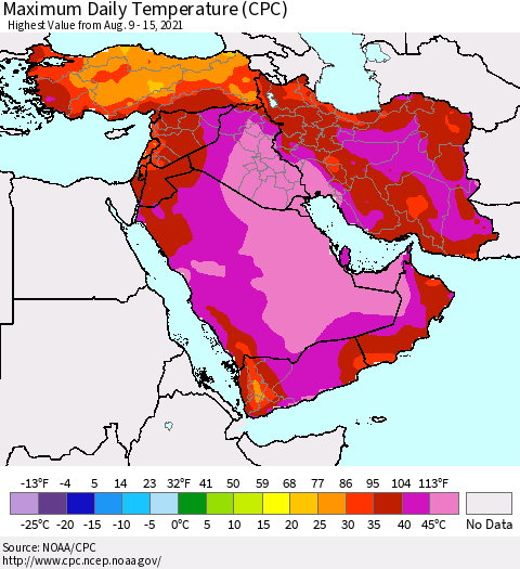 Middle East and Turkey Maximum Daily Temperature (CPC) Thematic Map For 8/9/2021 - 8/15/2021
