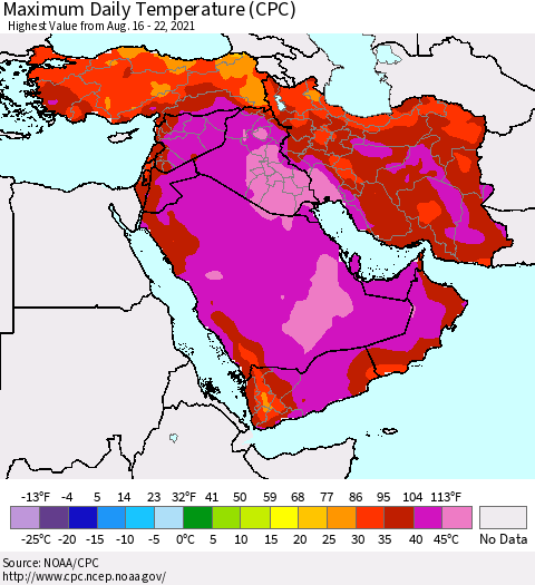 Middle East and Turkey Maximum Daily Temperature (CPC) Thematic Map For 8/16/2021 - 8/22/2021