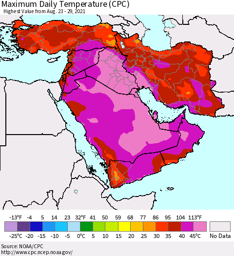 Middle East and Turkey Maximum Daily Temperature (CPC) Thematic Map For 8/23/2021 - 8/29/2021