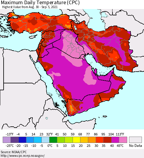 Middle East and Turkey Maximum Daily Temperature (CPC) Thematic Map For 8/30/2021 - 9/5/2021