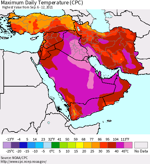 Middle East and Turkey Maximum Daily Temperature (CPC) Thematic Map For 9/6/2021 - 9/12/2021