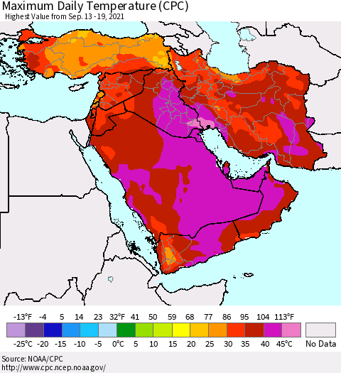 Middle East and Turkey Maximum Daily Temperature (CPC) Thematic Map For 9/13/2021 - 9/19/2021