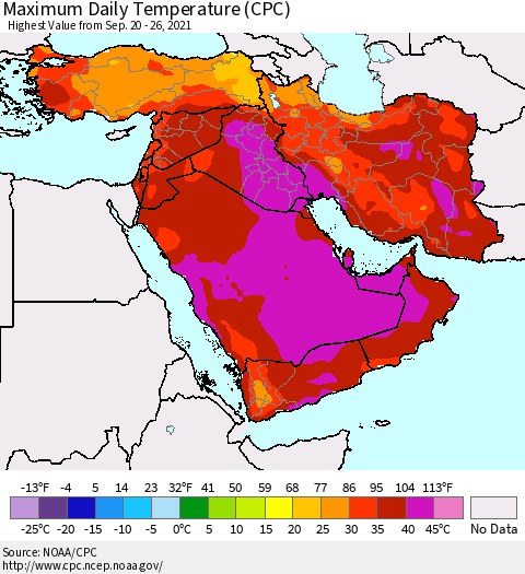Middle East and Turkey Maximum Daily Temperature (CPC) Thematic Map For 9/20/2021 - 9/26/2021