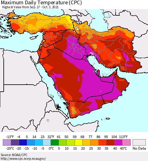 Middle East and Turkey Maximum Daily Temperature (CPC) Thematic Map For 9/27/2021 - 10/3/2021