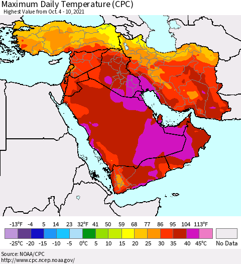 Middle East and Turkey Maximum Daily Temperature (CPC) Thematic Map For 10/4/2021 - 10/10/2021
