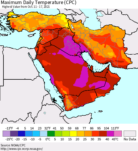 Middle East and Turkey Maximum Daily Temperature (CPC) Thematic Map For 10/11/2021 - 10/17/2021