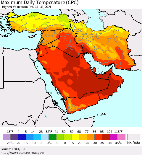Middle East and Turkey Maximum Daily Temperature (CPC) Thematic Map For 10/25/2021 - 10/31/2021