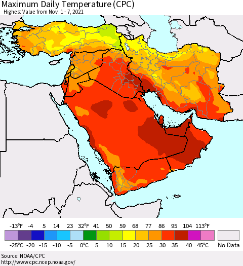 Middle East and Turkey Maximum Daily Temperature (CPC) Thematic Map For 11/1/2021 - 11/7/2021
