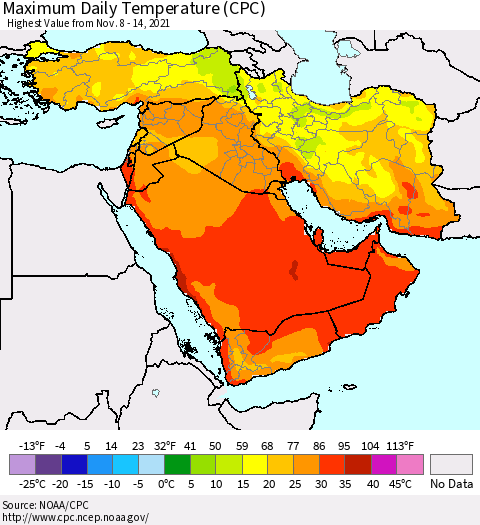 Middle East and Turkey Maximum Daily Temperature (CPC) Thematic Map For 11/8/2021 - 11/14/2021