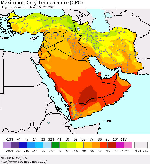 Middle East and Turkey Maximum Daily Temperature (CPC) Thematic Map For 11/15/2021 - 11/21/2021