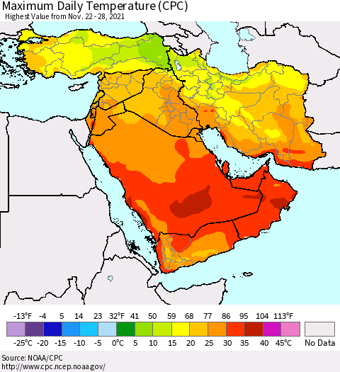 Middle East and Turkey Maximum Daily Temperature (CPC) Thematic Map For 11/22/2021 - 11/28/2021