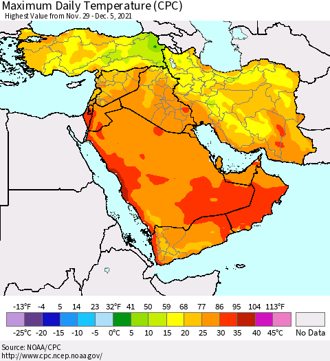Middle East and Turkey Maximum Daily Temperature (CPC) Thematic Map For 11/29/2021 - 12/5/2021