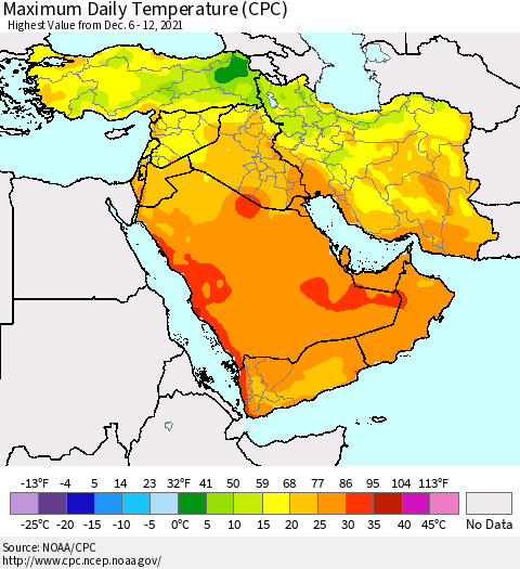 Middle East and Turkey Maximum Daily Temperature (CPC) Thematic Map For 12/6/2021 - 12/12/2021