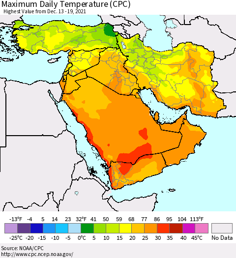 Middle East and Turkey Maximum Daily Temperature (CPC) Thematic Map For 12/13/2021 - 12/19/2021