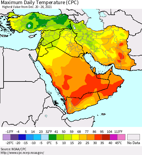 Middle East and Turkey Maximum Daily Temperature (CPC) Thematic Map For 12/20/2021 - 12/26/2021