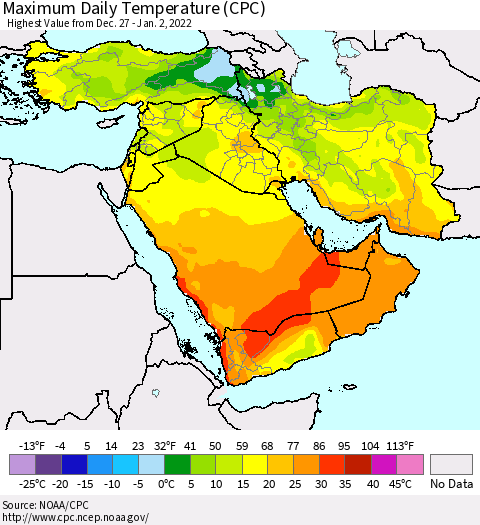 Middle East and Turkey Maximum Daily Temperature (CPC) Thematic Map For 12/27/2021 - 1/2/2022