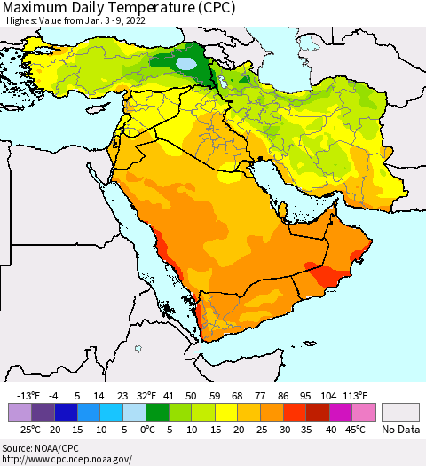 Middle East and Turkey Maximum Daily Temperature (CPC) Thematic Map For 1/3/2022 - 1/9/2022