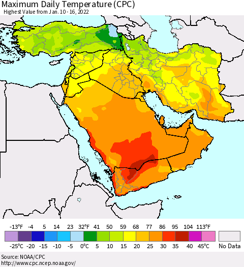Middle East and Turkey Maximum Daily Temperature (CPC) Thematic Map For 1/10/2022 - 1/16/2022