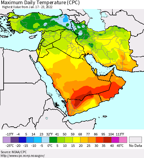 Middle East and Turkey Maximum Daily Temperature (CPC) Thematic Map For 1/17/2022 - 1/23/2022
