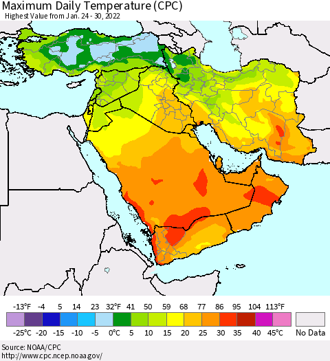Middle East and Turkey Maximum Daily Temperature (CPC) Thematic Map For 1/24/2022 - 1/30/2022