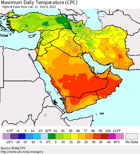 Middle East and Turkey Maximum Daily Temperature (CPC) Thematic Map For 1/31/2022 - 2/6/2022