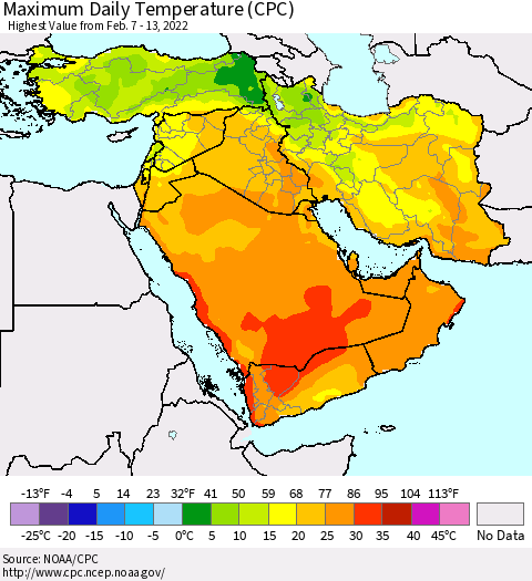Middle East and Turkey Maximum Daily Temperature (CPC) Thematic Map For 2/7/2022 - 2/13/2022