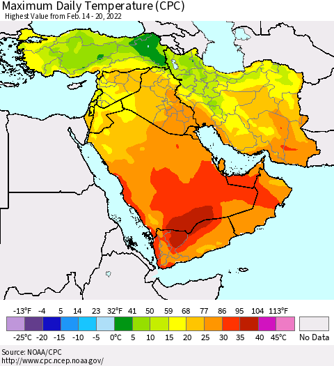 Middle East and Turkey Maximum Daily Temperature (CPC) Thematic Map For 2/14/2022 - 2/20/2022