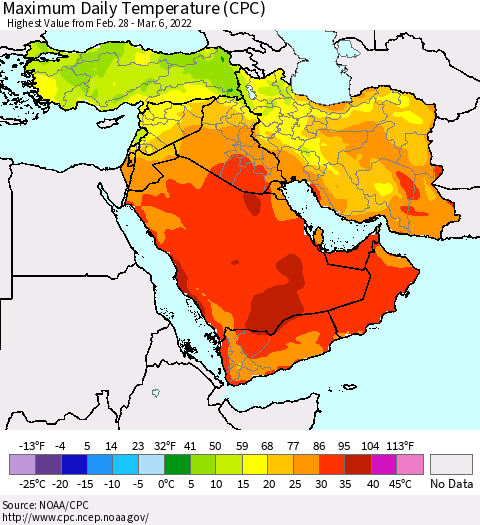 Middle East and Turkey Maximum Daily Temperature (CPC) Thematic Map For 2/28/2022 - 3/6/2022