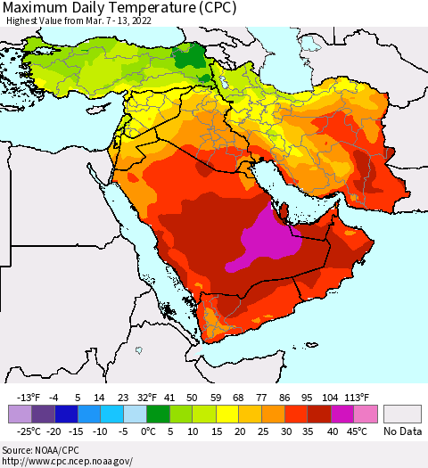 Middle East and Turkey Maximum Daily Temperature (CPC) Thematic Map For 3/7/2022 - 3/13/2022