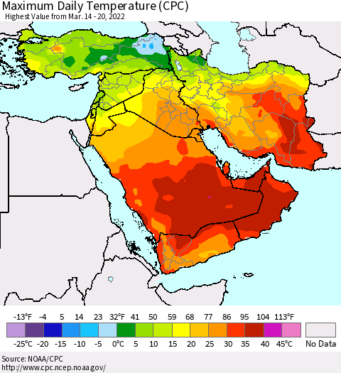 Middle East and Turkey Maximum Daily Temperature (CPC) Thematic Map For 3/14/2022 - 3/20/2022