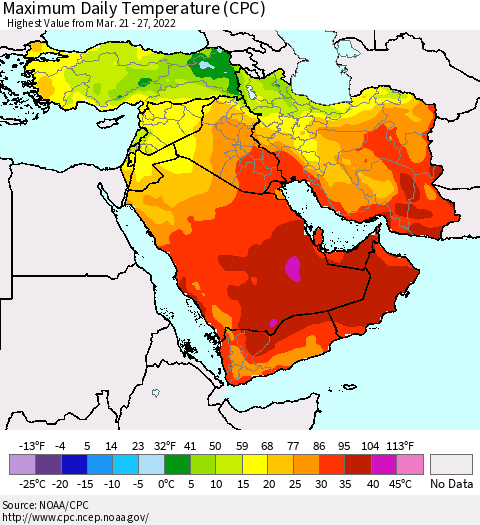 Middle East and Turkey Maximum Daily Temperature (CPC) Thematic Map For 3/21/2022 - 3/27/2022