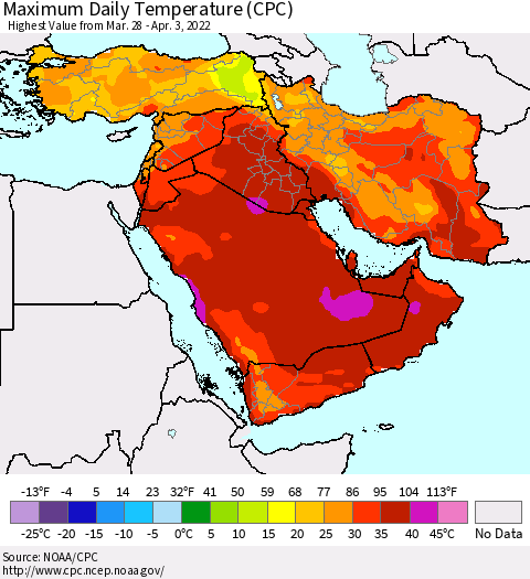 Middle East and Turkey Maximum Daily Temperature (CPC) Thematic Map For 3/28/2022 - 4/3/2022