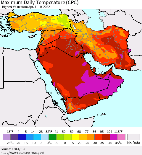 Middle East and Turkey Maximum Daily Temperature (CPC) Thematic Map For 4/4/2022 - 4/10/2022